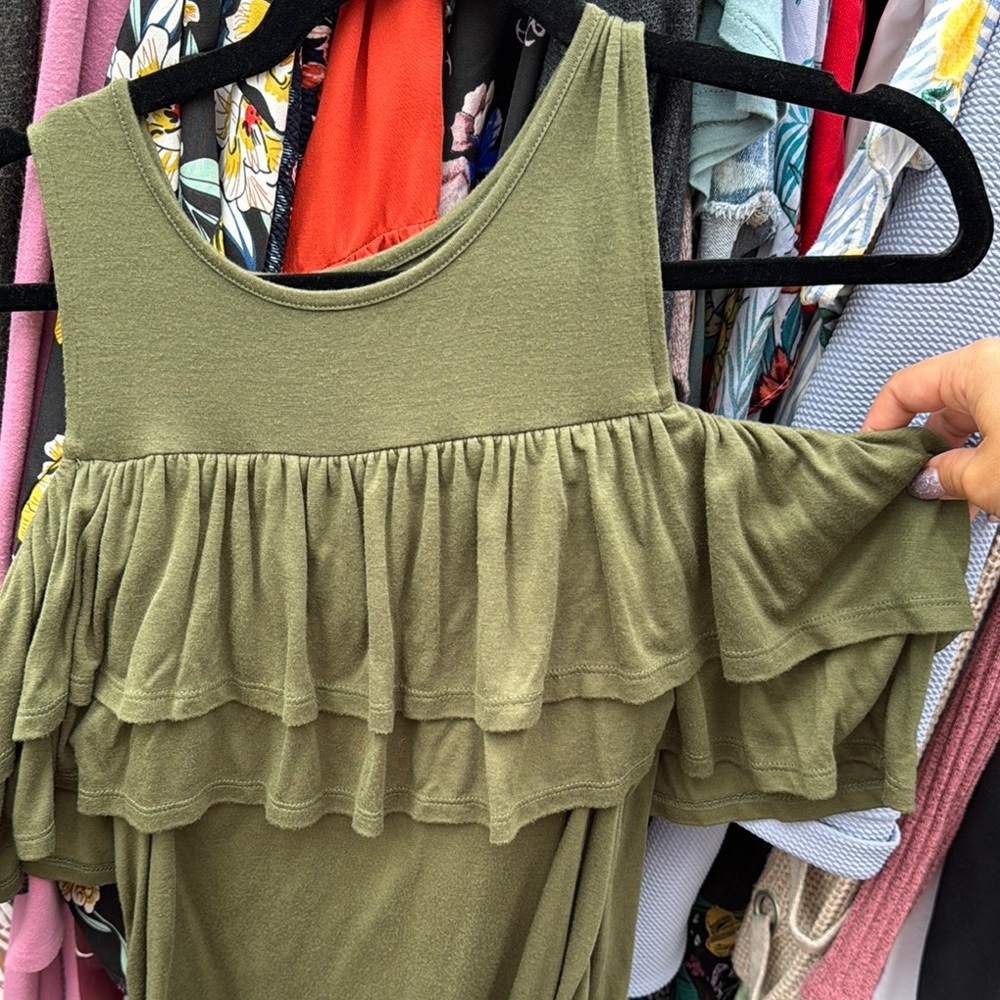 Olive Green Ruffled Women's Top. Cold Shoulder - Picture 2 of 3